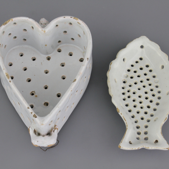 Two white Delft strainers, one in the form of a fish, 18th C.