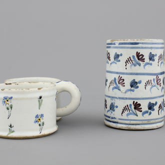 A French faience tankard and a cruet set stand, 18th C.