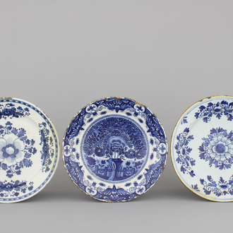 A group of 3 Dutch Delft blue and white dishes, 18th C.