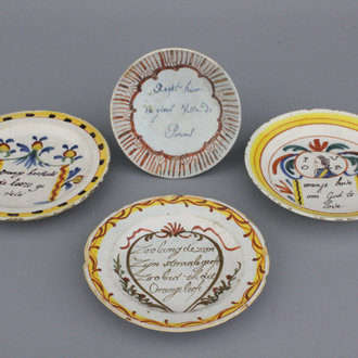 A set of 4 Dutch Delft polychrome royalist orangist text plates 17/18th C.