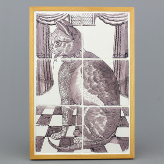 Tableau en faïence manganèse de Delft, décor chat, 18e