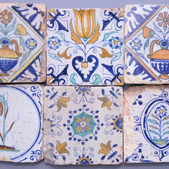 A set of 6 various polychrome Dutch Delft tiles, 17th C.
