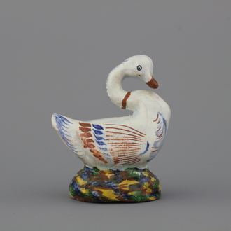 A Dutch Delft polychrome model of a swan, 18th C.