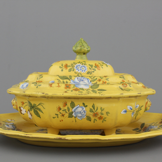 A large South-French faience yellow ground tureen and cover with floral decoration, late 18th C.