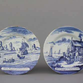 Paar Delftse borden met decor van de "Haringvangst", ca 1750
