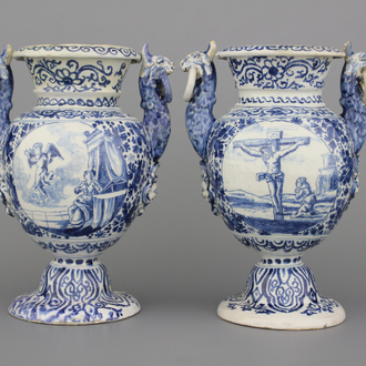 A pair of Dutch Delft blue and white altar vases with biblical scenes, 17th C.