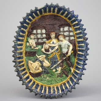 A French Palissy school oval dish on foot, "The decapitation of Holofernes", 17th C.