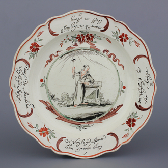 A Dutch-decorated English Leeds orangist creamware plate, 18th C.