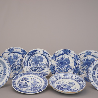 A group of 8 Chinese porcelain blue and white plates, 18th C.