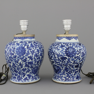 A pair of Chinese porcelain blue and white vases mounted as lamps, Kangxi, ca. 1700