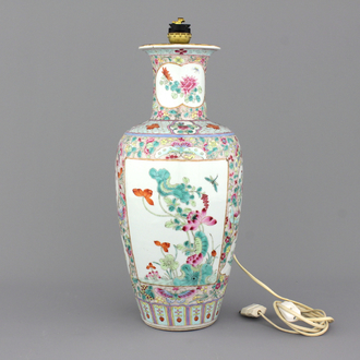 A Chinese porcelain famille rose vase with floral sprigs and butterflies, mounted as lamp, 19th C.