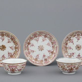 Paar kopjes en schoteltjes in Chinees exportporselein, famille rose, 18e eeuw