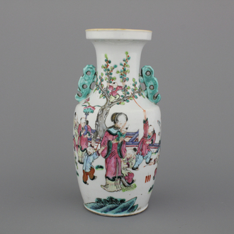 A Chinese porcelain famille rose vase with a garden scene, 19th C.