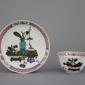 A Chinese porcelain famille rose semi-eggshell cup and saucer, Yongzheng, 18th C.