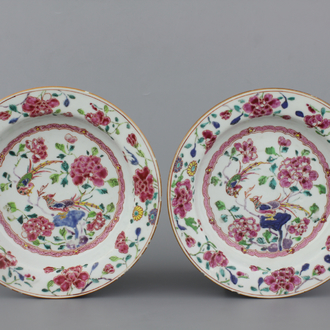 A pair of Chinese porcelain famille rose plates with birds, 18th C.