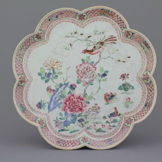 A large Chinese porcelain famille rose lotus-shaped tray, 18th C.