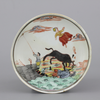 A Dutch-decorated Chinese porcelain saucer showing "The miracle of Zaandam", dated 1747