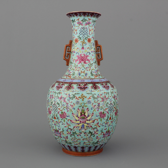 A Chinese porcelain turquoise ground famille rose "Happiness" vase, 20th C.