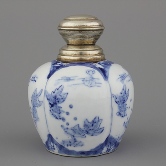 A Chinese porcelain blue and white vase with silver mounts, 20th C.