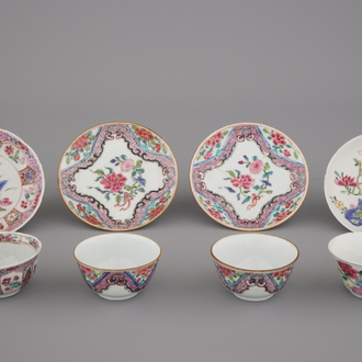 A group of 4 famille rose cups and saucers, Yongzheng and Qianlong