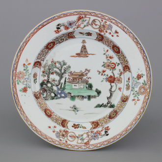 A Chinese porcelain Kakiemon style plate, Qianlong, 18th C.