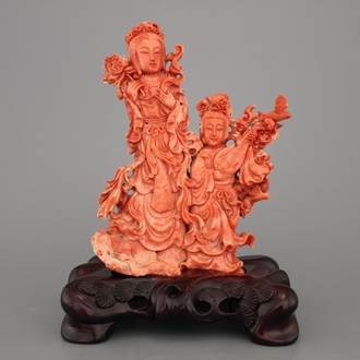 A fine Chinese red coral sculpted group of Guanyin playing the Qin, 19th C.