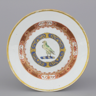 A Chinese armorial porcelain plate with a parrot, Yongzheng, ca. 1725