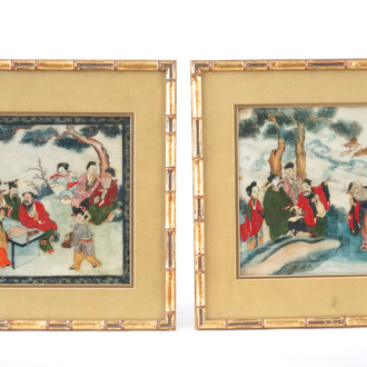Paar Chinese schilderijen ingelijst in 'faux-bamboo', 19e eeuw