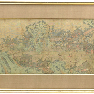 Groot Chinees ingelijst schilderij, met een dorp in een rotsachtig landschap, 18e-19e eeuw