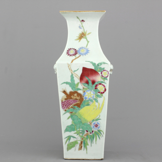 A square Chinese porcelain vase with floral decoration, 19th C.
