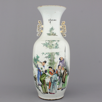 A Chinese porcelain vase with scholars and painters studying bamboo, 19th C.