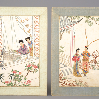 A pair of Chinese cut paper and stamps collages, 19/20th C.