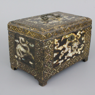 An Indo-Portuguese or Japanese mother of pearl and lacquer coffer, 19th C.