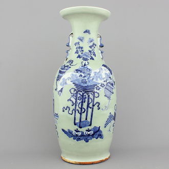 A fine Chinese celadon ground vase with scholar's objects, 19/20th C.
