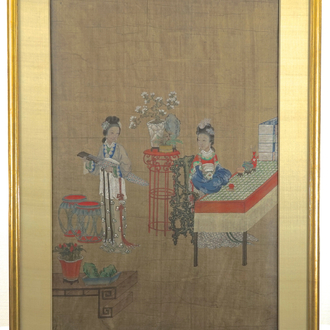 Groot Chinees schilderij op zijde met 2 dames waarvan één met een qin, 18e-19e eeuw