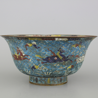 A Chinese cloisonne "Horses of Mu Wang" bowl, Ming dynasty