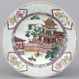 Assiette de paysage en porcelaine de Chine, bord arrière en rubis, Yongzheng, env. 1725-1730
