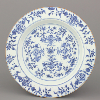 A large Chinese porcelain blue and white floral dish, Kangxi
