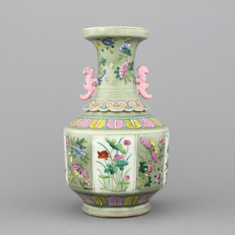 A Chinese porcelain famille rose celadon vase, 19th C.