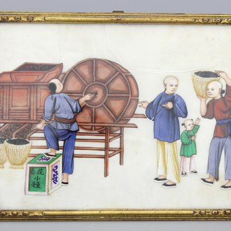 Peinture sur papier de riz à décor de la production de thé, Chine, Canton, env. 1800