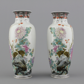 Paar vazen in Chinees porselein met kwartels, famille rose, vroeg 20e eeuw