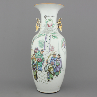 A Chinese porcelain polychrome vase with an imperial palace scene, 19th C.