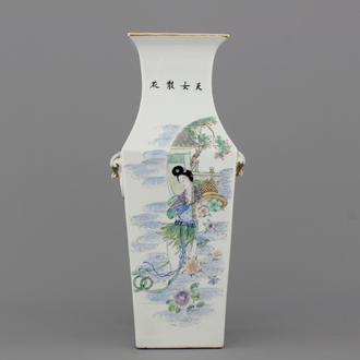 A Chinese porcelain square vase with Guanyin, 19th C.