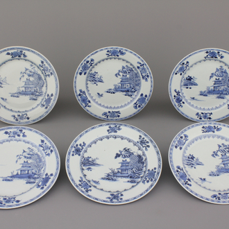 A set of 6 Chinese porcelain blue and white plates with landscape decoration, 18th C.