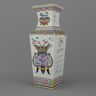 A Chinese porcelain square famille rose vase with censers, 19th C.