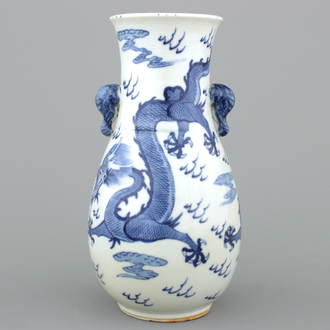 A Chinese porcelain blue and white vase with dragons and elephant handles, Guangxu, 19th C