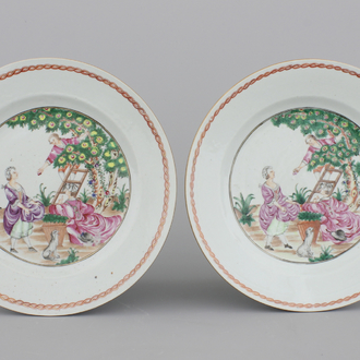 Paar "Cherry Pickers"-borden in Chinees export porselein, Qianlong, 18e eeuw