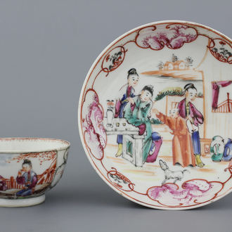 A Chinese porcelain mandarin cup and saucer, Qianlong, 18th C.