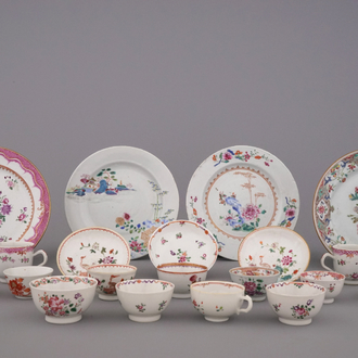 A large collection of Chinese famille rose porcelain plates, cups and saucers, 18th C.