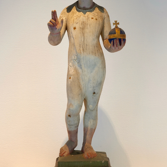 A tall sculpted wood figure of Christ with the globe, 19/20th C., Bruges